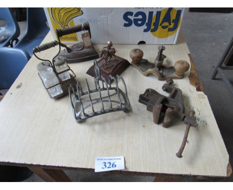  Sale Item:    BOX METAL WARE INCL VICE IRON (AF)  Vat Status:   No Vat   Buyers Premium:  This lot is subject to a Buyers Pr