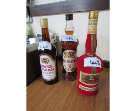  Sale Item:    3 BOTTLES CHERRY BRANDY EMVA CREAM & MOSCATEL WINE  Vat Status:   No Vat   Buyers Premium:  This lot is subjec