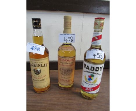  Sale Item:    3 BOTTLES WHISKY MACKINLAY PADDY & GLENMORANGIE 10 YR  Vat Status:   No Vat   Buyers Premium:  This lot is sub