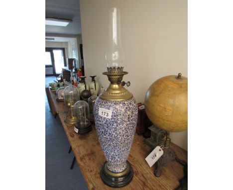  Sale Item:    LARGE BLUE & WHITE OIL LAMP (AF)   Vat Status:   No Vat   Buyers Premium:  This lot is subject to a Buyers Pre