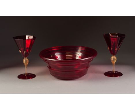 POSSIBLY WHITEFRIARS, STYLISH RUBY GLASS BOWL, of ribbed, flared form, 3 ¾" (9.5cm) high, 9" (22.9cm) diameter, together with