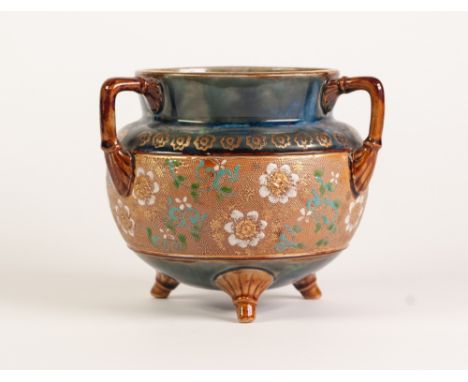 DOULTON LAMBETH SLATER'S PATENT THREE HANDLED POTTERY PLANTER, of cauldron form painted in colours and gilt with a textured c