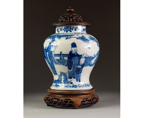 NINETEENTH CENTURY CHINESE BLUE AND WHITE PORCELAIN GINGER JAR AND COVER, of waisted form, painted with figures a leisure wit