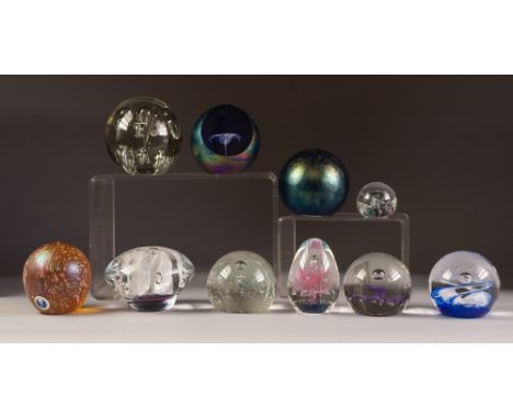 COLLECTION OF TEN GLASS PAPERWEIGHTS, including THREE IRIDESCENT EXAMPLES, two by MIDSUMMER, CAITHNESS 'SENTINEL', TWO SELKIR