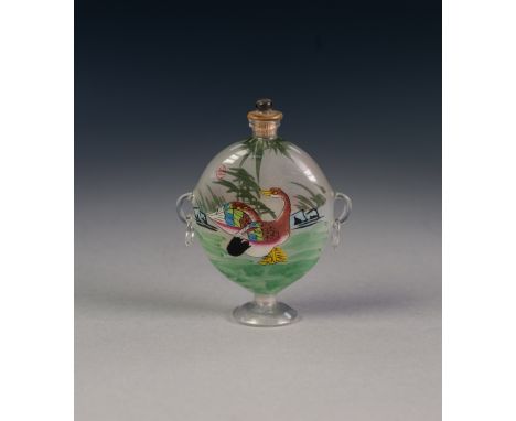 20th CENTURY CHINESE GLASS SNUFF BOTTLE, inside painted with mandarin ducks and geese, the bottle moonflask shaped with two c