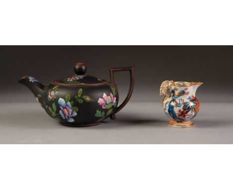 NINETEENTH CENTURY WEDGWOOD BLACK BASALT SMALL TEAPOT, with angular scroll handle, floral painted in coloured enamels, togeth