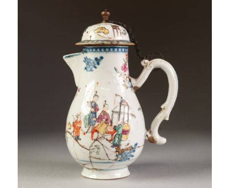 CHINESE KANGXI PERIOD FAMILLE ROSE ENAMELLED PORCELAIN JUG AND COVER, of footed baluster form with scroll handle and domed co