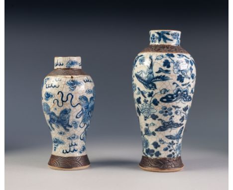 CHINESE CRACKLE WARE SLENDER OVULAR BLUE AND WHITE VASE, painted autour with butterflies, birds and flowers, embossed mangane