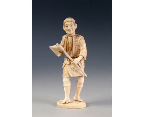 EARLY TWENTIETH CENTURY ORIENTAL CARVED SECTIONAL IVORY FIGURE OF A WOODSMAN, modelled standing holding an axe, on an oval ba