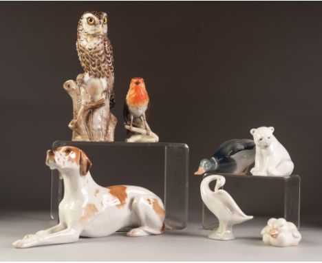 MODERN 'MADE IN USSR' MARKED PORCELAIN MODEL OF RECUMBENT DOG, also a modern Doccia (Florence), model owl, a W. Goeble model 