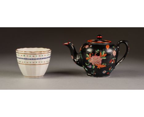 NINETEENTH CENTURY DAVENPORT POTTERY SMALL TEAPOT AND COVER, of globular form, printed and painted with flowers on a black gr