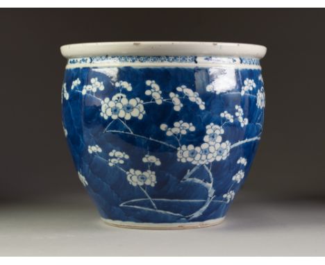 NINETEENTH CENTURY CHINESE BLUE AND WHITE PORCELAIN JARDINIÈRE, of typical form, painted with prunus on a cracked ice ground,