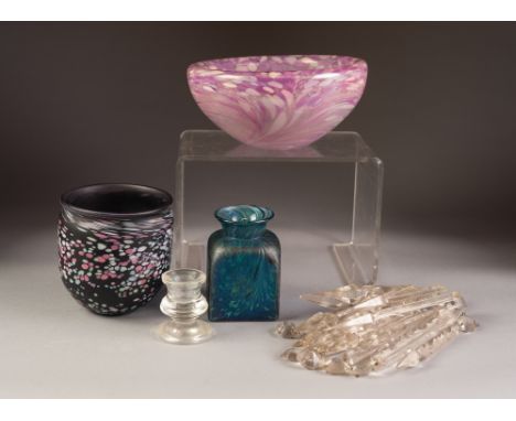 THREE PIECES OF SPECKLED GLASS, comprising: PINK AND WHITE IRIDESCENT BOWL, 4" (10.2cm) high, 8" (20.3xm) diameter, AMETHYST 