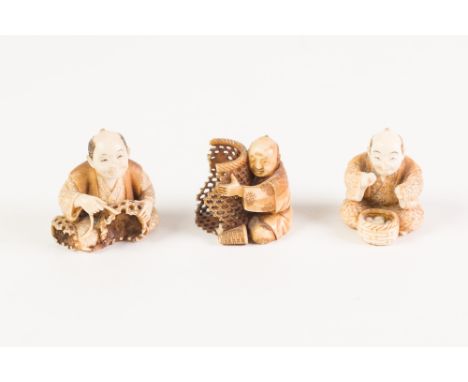 THREE JAPANESE MEIJI PERIOD CARVED AND STAINED IVORY NETSUKE, all signed, (in damaged condition)