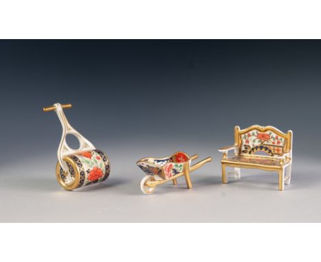 THREE BOXED MODERN ROYAL CROWN DERBY JAPAN PATTERN CHINA MINIATURE 'GARDEN' ORNAMENTS, comprising: GARDEN BENCH, GARDEN ROLLE