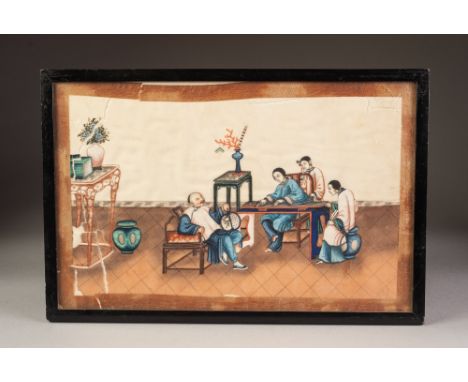 CHINESE QING DYNASTY WATERCOLOUR DRAWING ON RICE PAPER, depicting figures at a table in an interior setting, 8 ½" x 13 ½" (21