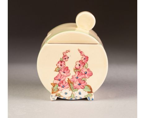 A 1930's CLARICE CLIFF (Wilkinson Ltd)  DRUM SHAPED PRESERVES JAR with cover, painted with Hollyhocks 