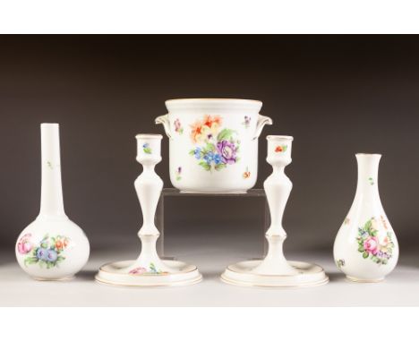 FIVE PIECES OF FLORAL PAINTED HEREND, HUNGARIAN PORCELAIN, comprising: PAIR OF CANDLESTICKS, 7" (17.8cm) high, TWO HANDLED PL