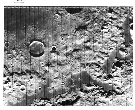 
	
		Six vintage NASA press photographs, gelatin silver prints, featuring images of the Moon taken by the Lunar Orbiter IV, s