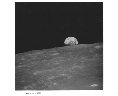 
	
		An oblique view of earthrise over the lunar horizon. Apollo 8, December 1968.
		Vintage gelatin silver print, 25.4 x 20.