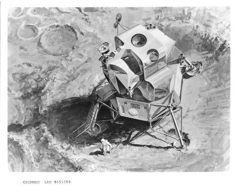 
	
		Fourteen vintage photographs (some artist impressions) depicting the Lunar Module in the construction phase (2) and duri