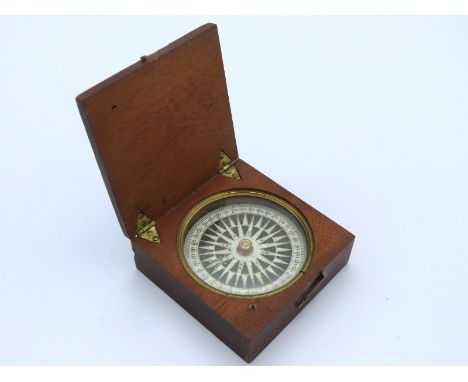 An Edwardian compass in teak case, 65mm x 65mm x 25mm