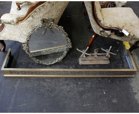 A pierced brass fire curb 140cm(w), together with a brass framed mirror and a set of scales. 