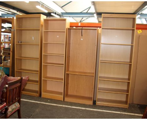 Four modern pine veneer open bookcases, a pair and two similar. 216cm(H)Plus brass standard lamp and shade.