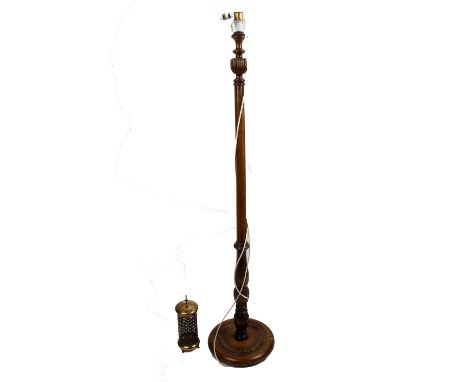 An oak based standard lamp together with a pierced brass lanternDimensions 165cm(H)