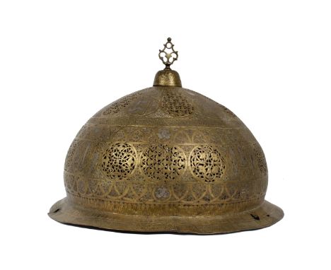 A pierced brass South Asian lamp shade with silver and copper overlay. 45cm(d). 33cm (h)