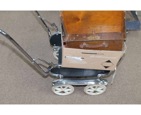 VINTAGE SILVER CROSS PUSH CHAIR AND A WOODEN PUSH CHAIR
along with a collection of small dolls 