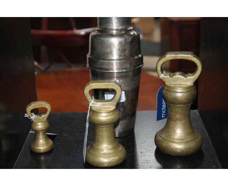 EARLY 20TH CENTURY SILVER PLATED CLUB COCKTAIL SHAKER
together with three vintage brass weights, including a 7lb, 4lb and a 1