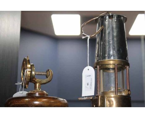 ECCLES BRASS MINER'S LAMP
with presentation plaque reading 'Projector Lamp & Lighting, type GR6S'; together with two brass ju