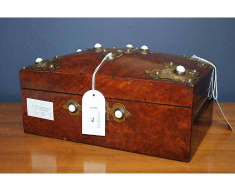 VICTORIAN WALNUT, BRASS MOUNTED AND CERAMIC STUDDED OBLONG JEWELLERY BOX also two monogrammed ivory backed hair brushes and a