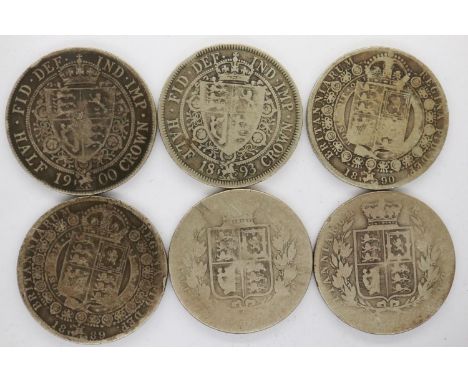 Six silver crowns of Queen Victoria: 1889, 1890, 1893, 1900 and two others (dates rubbed). P&amp;P Group 0 (£5+VAT for the fi