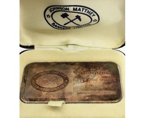 Johnson Matthey Bankers Ltd 100g fine silver ingot, numbered 502879, boxed. P&amp;P Group 0 (£5+VAT for the first lot and £1+