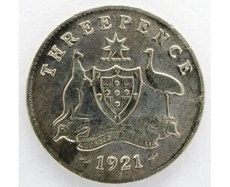 1921 M silver threepence of George V, Australia. P&amp;P Group 0 (£5+VAT for the first lot and £1+VAT for subsequent lots) 