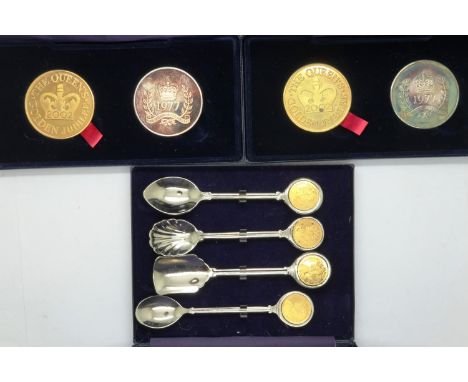 Gold &amp; Silver Jubilee Limited Edition two-coin set (x 2) and a set of four 2002 Golden Jubilee coin-set teaspoons (3). P&