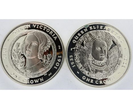 Two silver proof commemorative rounds: 2006 Isle of Man crown Queen Victoria and 2007 Falkland Islands crown Queen Elizabeth 