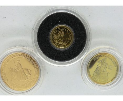 Elizabeth &amp; The Lion 2012 gold sovereign set, three coins each encapsulated, comprising full, half and quarter sovereigns