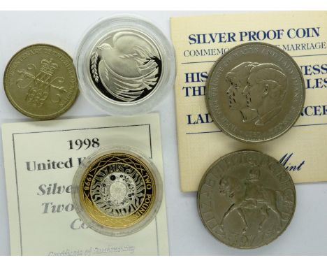 Five silver proof coins: two crowns and three £2 coins, three no longer in capsules. P&amp;P Group 1 (£14+VAT for the first l