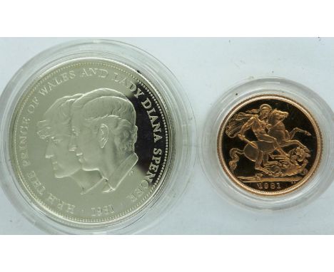 1981 two coin commemorative set, comprising full proof sovereign and silver crown, boxed with certificate. P&amp;P Group 0 (£