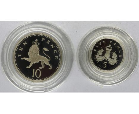 1992 Piedfort silver proof 10p coin, with 1990 Piedfort 5p coin, each boxed with certificates (2). P&amp;P Group 1 (£14+VAT f