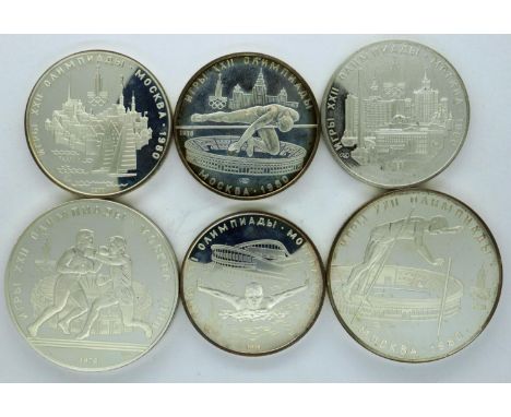 Matched set of six Russian Olympics silver commemoratives, 2x 10 roubles and 4x 5 roubles, dates 1977-1980. P&amp;P Group 0 (