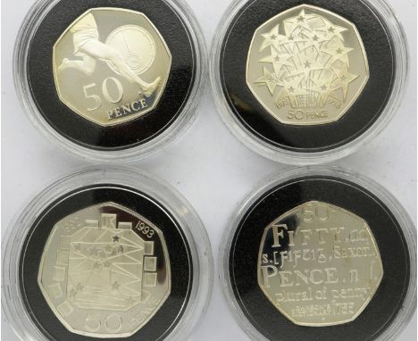 Four silver proof 50p collectors edition coins, each boxed with certificates. P&amp;P Group 1 (£14+VAT for the first lot and 