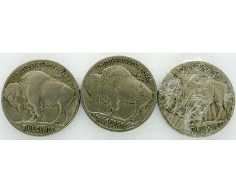 Three American Buffalo nickels. P&amp;P Group 0 (£5+VAT for the first lot and £1+VAT for subsequent lots) 