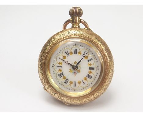 Geneva cylinder watch in gold and enamel open face case. "14K".