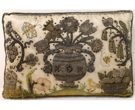 17th century stump work cushion of small rectangular form the cream silk ground profusely embroidered with vases of flowers, 