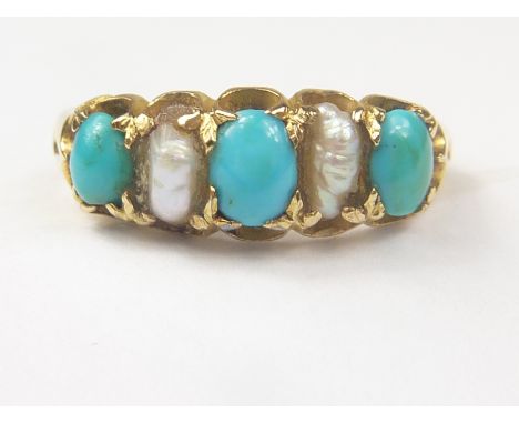 Victorian pearl and turquoise five stone ring in gold. Size "I1/2"