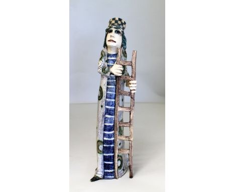 Amanda Popham Studio Pottery figure of a man holding a ladder, signed and dated 2012, 42cm high.   Condition Report.  Repairs